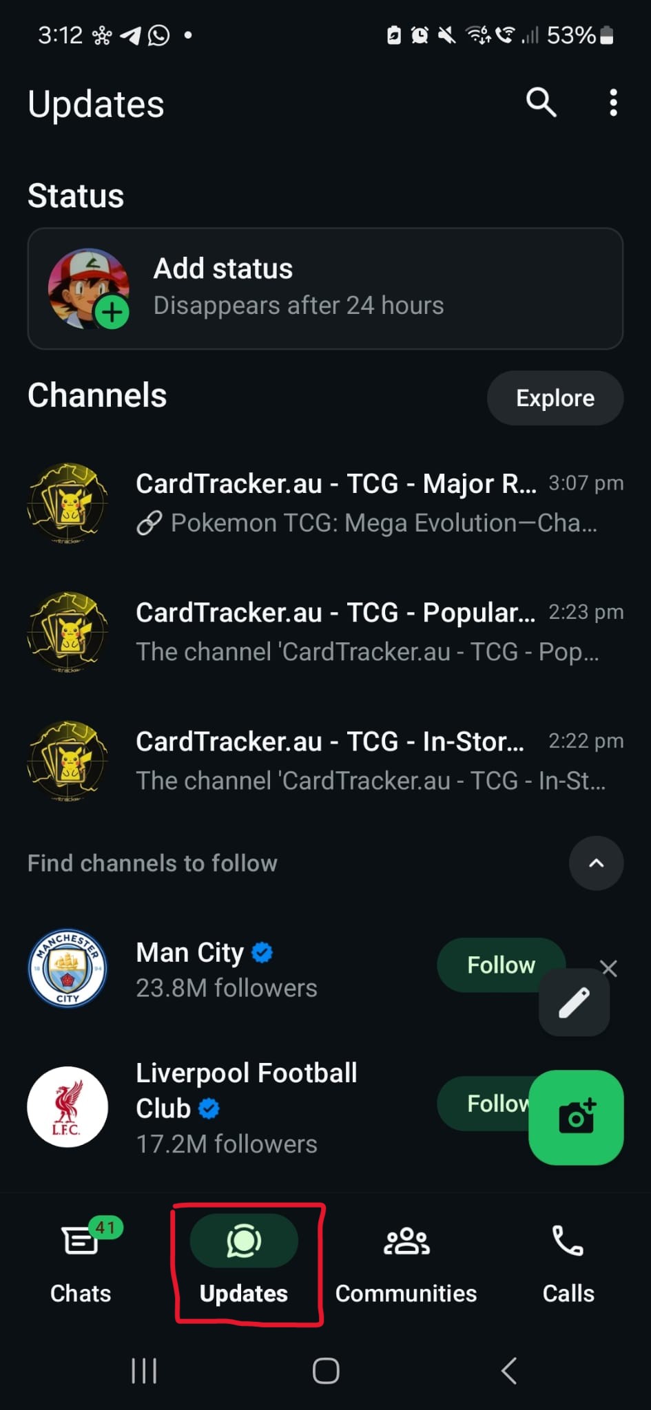 CardTracker.au channels in the WhatsApp Updates tab
